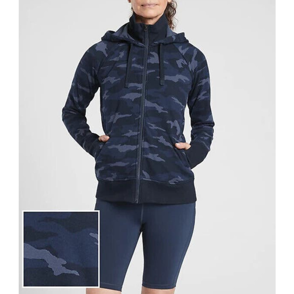 Athleta Navy Camouflage Full-Zip Hooded Jacket